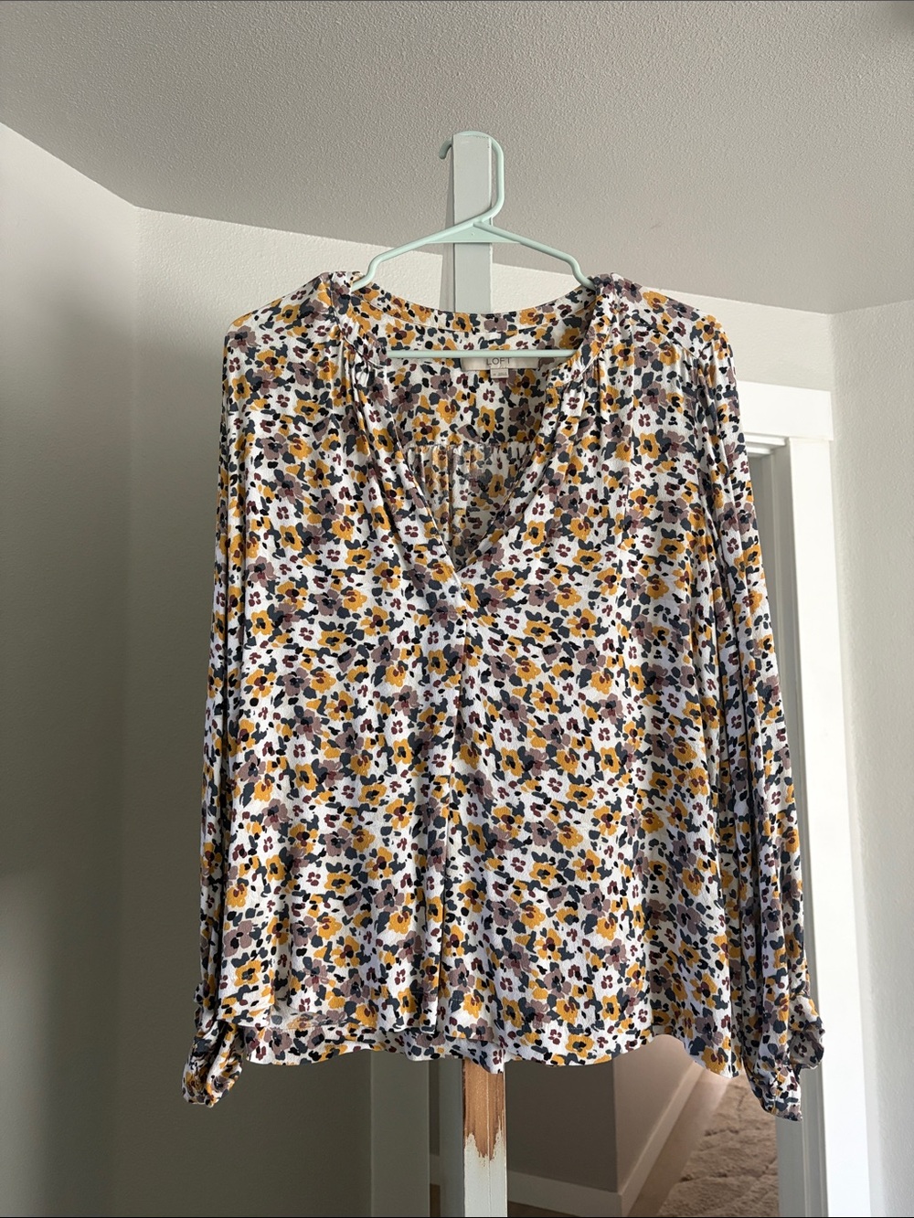 LOFT Floral V-Neck Blouse - White, Mustard & Black